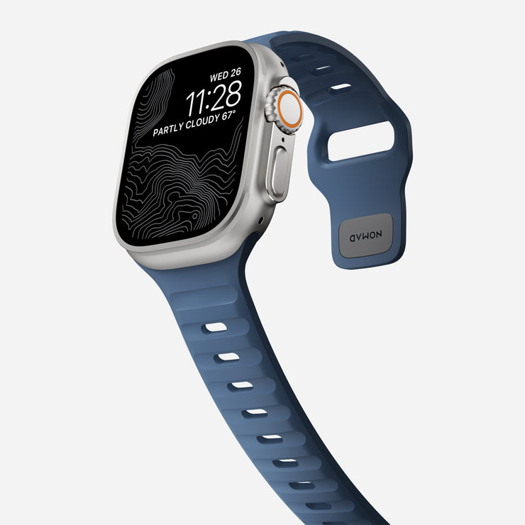 Side view of the 45mm Naval Blue Sport Band, emphasizing the ventilation channels that enhance comfort