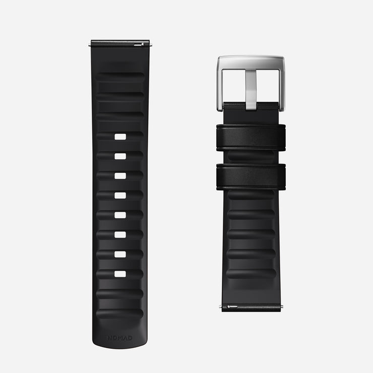 Two Nomad Active Band Pro - 22mm Quick Release watch bands in Black Horween leather with silver hardware are shown side by side on a white background. One is straight with adjustment holes; the other is looped, both featuring a ridged texture.