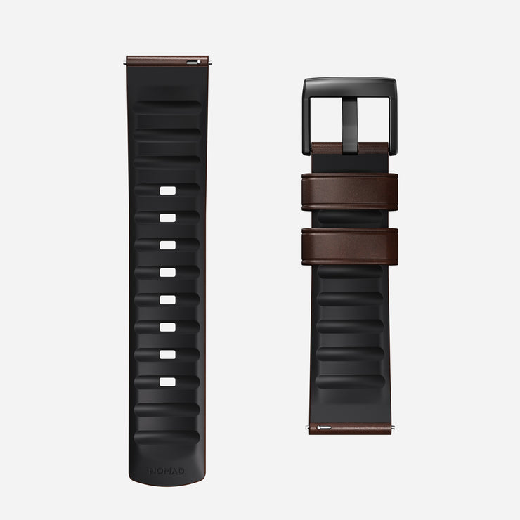 Two Nomad Active Band Pro 22mm quick release straps, featuring black hardware and brown Horween leather accents, are displayed side by side on a plain white background.