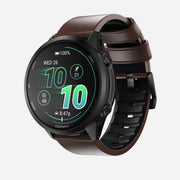 The Nomad Active Band Pro features a 22mm quick release design, a brown Horween leather strap, and black hardware, adding refined style and durability to your smartwatch while ensuring easy installation and a secure fit.