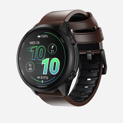 The Nomad Active Band Pro features a 22mm quick release design, a brown Horween leather strap, and black hardware, adding refined style and durability to your smartwatch while ensuring easy installation and a secure fit.
