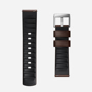 The Nomad Active Band Pro - 22mm Quick Release, featuring ribbed black leather, brown Horween accents, and silver hardware, is shown front and back on a white background.