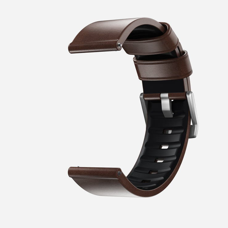 The Nomad Active Band Pro is a 22mm quick release watch band in brown Horween leather with silver hardware, black inner lining, and multiple adjustment holes, shown on a white background.