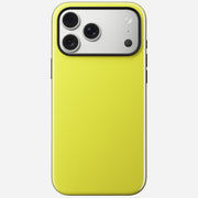 Nomad’s Modern Case – iPhone 17 Pro Max | Volt is a yellow case with a silver three-lens camera cutout and MagSafe compatibility, shown from the back on a white background for seamless charging and accessory attachment.