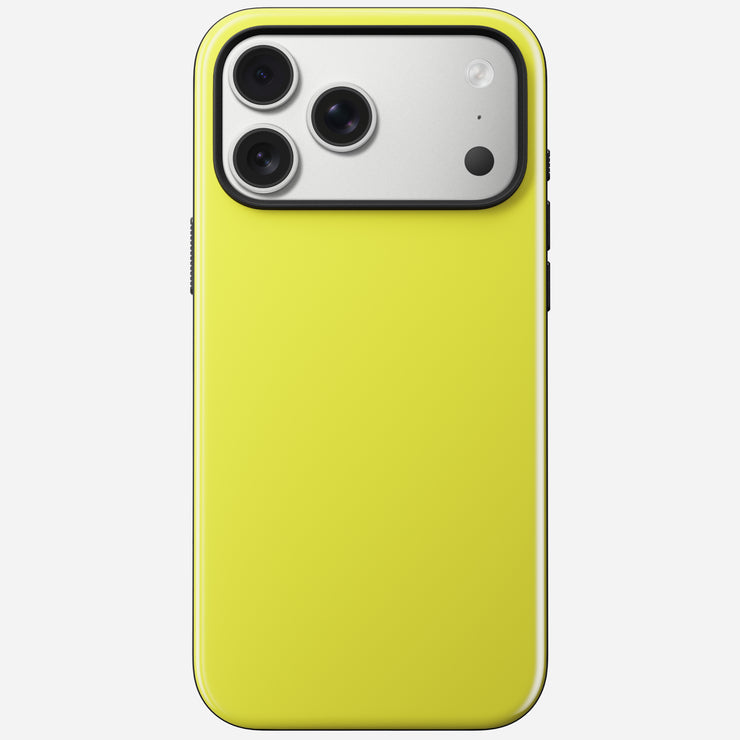 Nomad’s Modern Case – iPhone 17 Pro Max | Volt is a yellow case with a silver three-lens camera cutout and MagSafe compatibility, shown from the back on a white background for seamless charging and accessory attachment.