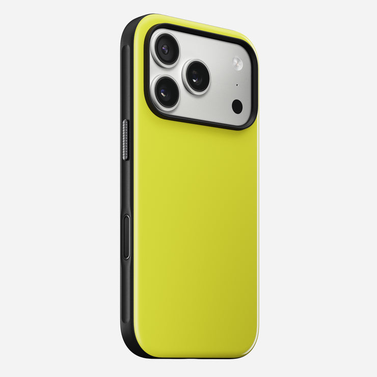 The Nomad Modern Case for iPhone 17 Pro in Volt is shown from the back, featuring a yellow rear, black edges, three camera lenses with a flash in the top corner, and sleek 8ft drop protection.