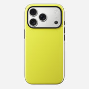 The Nomad Modern Case - iPhone 17 Pro | Volt features a bright yellow finish, TPU bumper, and showcases three rear cameras with a flash in the top left silver rectangular module.