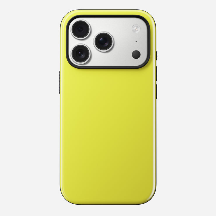 The Nomad Modern Case - iPhone 17 Pro | Volt features a bright yellow finish, TPU bumper, and showcases three rear cameras with a flash in the top left silver rectangular module.