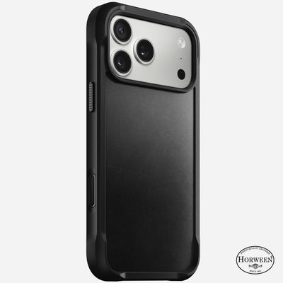 The Rugged Leather Case - iPhone 17 Pro Max by Nomad features black Horween leather, precise camera cutouts, a Horween logo, MagSafe compatibility, and 15ft drop protection, shown on a white background.