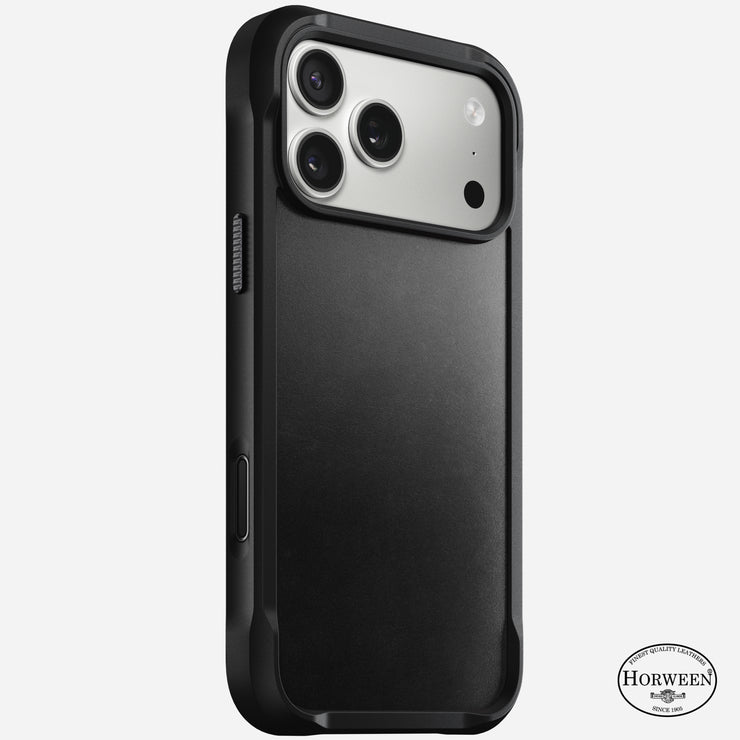 The Rugged Leather Case - iPhone 17 Pro Max by Nomad features black Horween leather, precise camera cutouts, a Horween logo, MagSafe compatibility, and 15ft drop protection, shown on a white background.