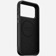 The Nomad Rugged Leather Case for iPhone 17 Pro Max in black Horween leather offers 15ft drop protection, features a circular interior design with the NOMAD logo, and precise cutouts for buttons, ports, and camera on a plain white background.