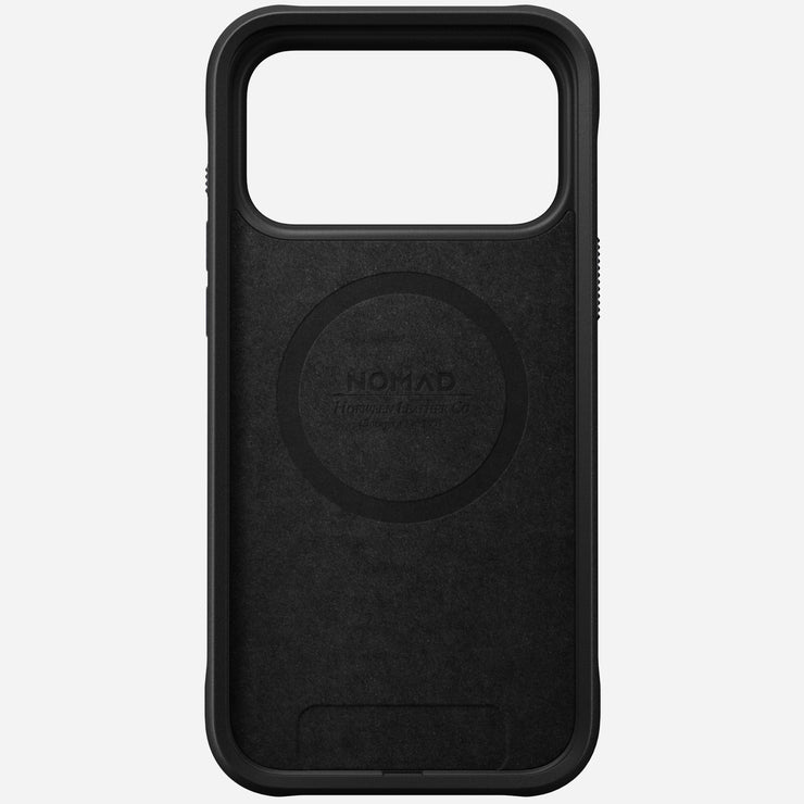 The Nomad Rugged Leather Case for iPhone 17 Pro Max in black is crafted from Horween leather, featuring a large rectangular camera cutout and a circular MagSafe alignment ring inside.