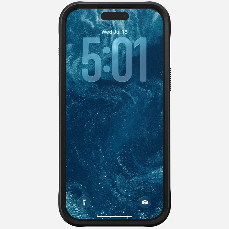A Nomad Rugged Leather Case in black Horween leather protects an iPhone 17 Pro Max, showing the lock screen at 5:01 on Wed, Jul 18 with a blue and teal marble background and visible flashlight and camera icons. MagSafe compatible.