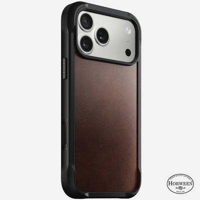 The Nomad Rugged Leather Case for iPhone 17 Pro Max, in Rustic Brown Horween leather, features a MagSafe-compatible brown leather back and displays the Horween logo in the bottom right corner.