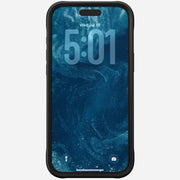 A Nomad Rugged Leather Case in Rustic Brown (Horween) for iPhone 17 Pro Max is shown displaying the lock screen at 5:01 on Wednesday, July 18. The backdrop is a blue swirl, with flashlight and camera icons at the bottom.