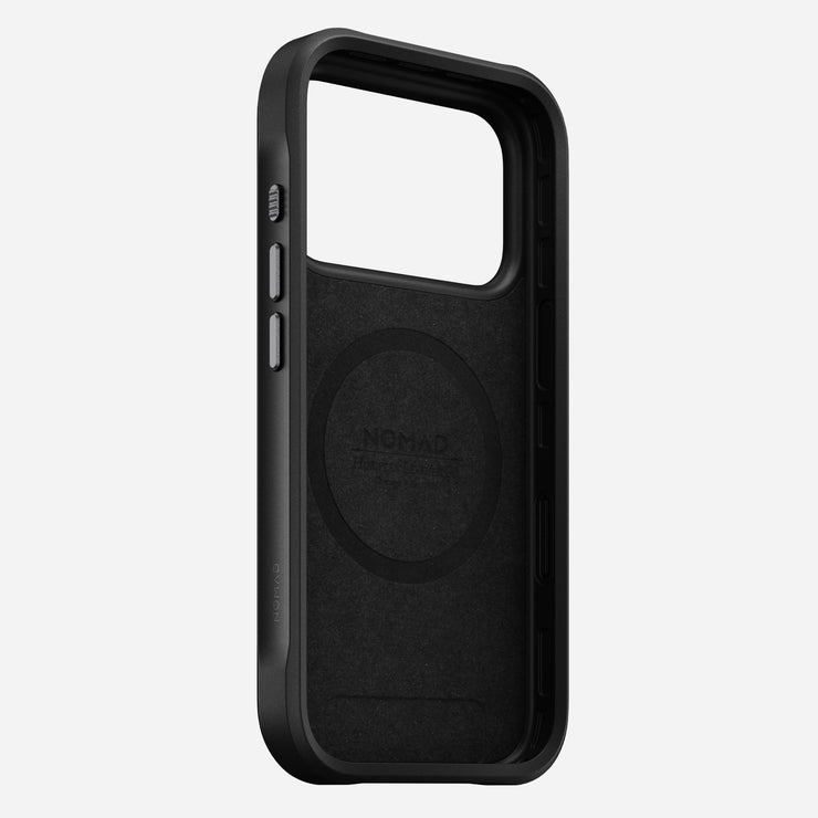 The Nomad Rugged Leather Case for iPhone 17 Pro in black is crafted from Horween leather, features raised edges, button cutouts, an interior MagSafe charging area, and has the Nomad logo embossed inside. Fully compatible with MagSafe accessories.