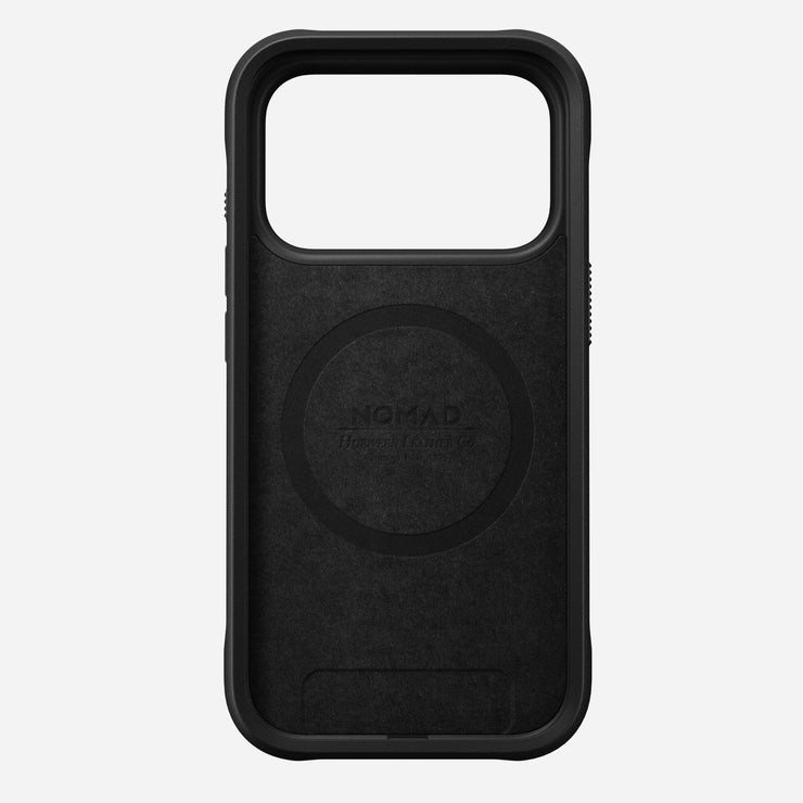 The Nomad Rugged Leather Case for iPhone 17 Pro in black is crafted from Horween leather, featuring a large camera cutout, a circular MagSafe area, and an embossed NOMAD logo on the back.