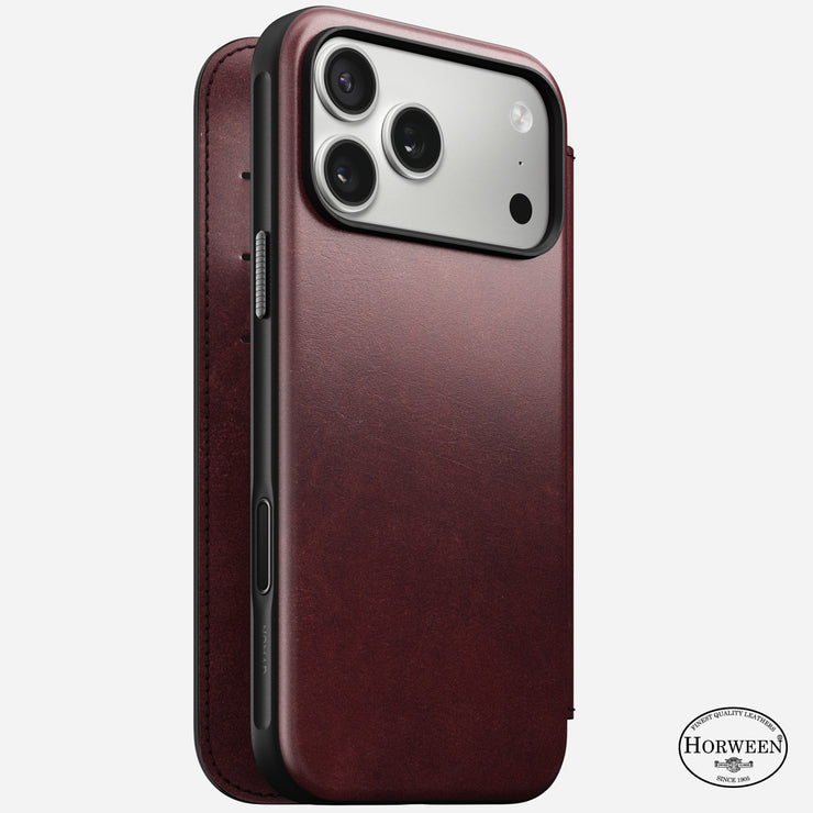 The Nomad Modern Leather Folio for iPhone 17 Pro Max in Burgundy features genuine Horween leather, a wallet-style design, the Horween logo on the back corner, and supports convenient MagSafe charging.