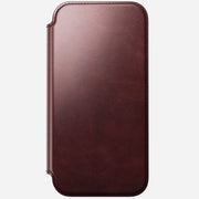 The Nomad Modern Leather Folio for iPhone 17 Pro Max in Burgundy Horween leather is shown closed against a plain light background.