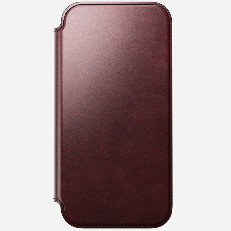 The Nomad Modern Leather Folio for iPhone 17 Pro Max in Burgundy Horween leather is shown closed against a plain light background.