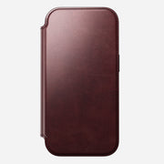 A closed, burgundy Horween leather Modern Leather Folio by Nomad for iPhone 17 Pro, shown from the front with rounded edges against a white background.
