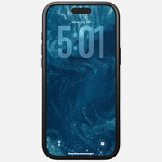 The Nomad Modern Leather Case for iPhone 17 Pro Max in Burgundy (Horween) shows a lock screen with 5:01 and Wed Jul 18 on a blue swirling background. Flashlight and camera icons are at the bottom; MagSafe compatible.