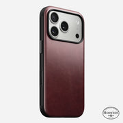 The Nomad Modern Leather Case for iPhone 17 Pro in Burgundy features genuine Horween leather, three rear camera cutouts, the Horween Leather Company logo in the bottom right corner, and is MagSafe charging compatible.