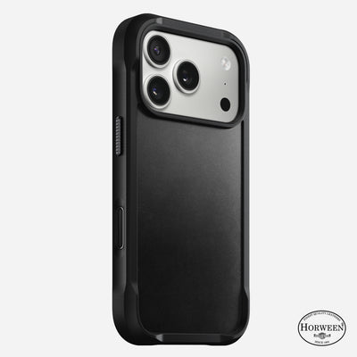 The Nomad Rugged Leather Case for iPhone 17 Pro in black is shown on a white background, displaying its Horween logo, dual camera cutout, and MagSafe compatibility for easy accessory use.