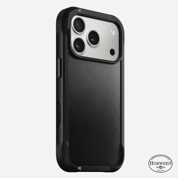 The Nomad Rugged Leather Case for iPhone 17 Pro in black is shown on a white background, displaying its Horween logo, dual camera cutout, and MagSafe compatibility for easy accessory use.