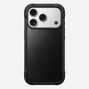 The Nomad Rugged Leather Case for iPhone 17 Pro in Black uses Horween leather, has textured grip edges, covers the sides and back while leaving the triple camera exposed, and is MagSafe compatible.