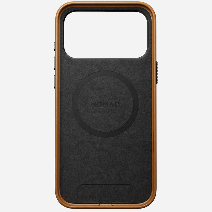 The Nomad Traditional Leather Case for iPhone 17 Pro Max in English Tan features sustainable brown and black leather, a rectangular top camera cutout, and a circular MagSafe area, shown on a white background.