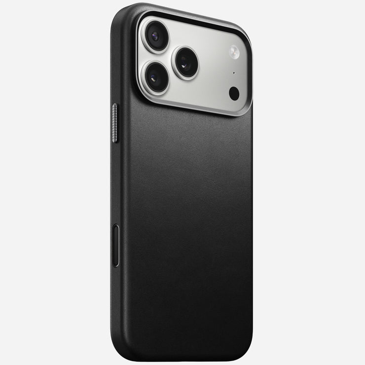 The Nomad Traditional Leather Case for iPhone 17 Pro Max in Black features smooth full-grain leather and fits a phone with three rear cameras and a flash, displayed on a plain white background.