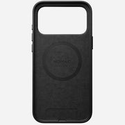 The Nomad Traditional Leather Case for iPhone 17 Pro Max in black is made from sustainably sourced full-grain leather, with a large top cutout and central MagSafe ring, shown on a plain white background.