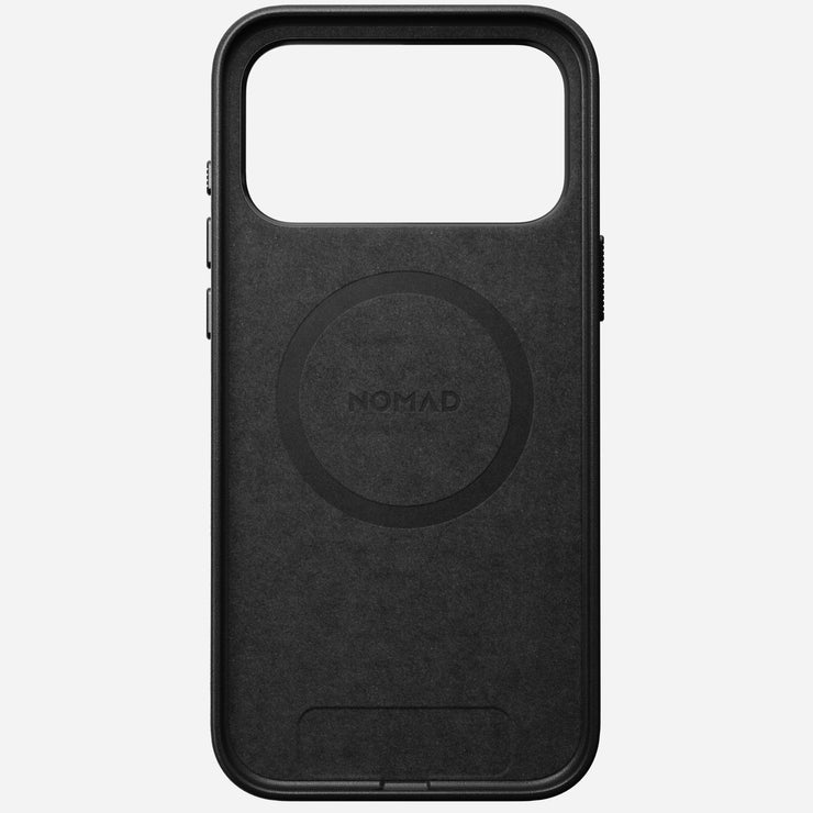 The Nomad Traditional Leather Case for iPhone 17 Pro Max in black is made from sustainably sourced full-grain leather, with a large top cutout and central MagSafe ring, shown on a plain white background.