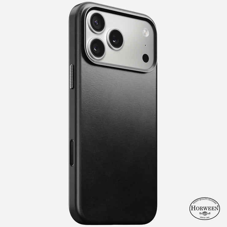The Nomad Traditional Leather Case for iPhone 17 Pro Max features sleek black Horween leather, visible camera lenses and flash, the Horween logo at the lower right, and MagSafe compatibility for effortless wireless charging.