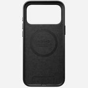 The Nomad Traditional Leather Case for iPhone 17 Pro Max in black features Horween leather, MagSafe compatibility with a circular charging area, a large top camera cutout, left-side button cutouts, and discreet Nomad branding.