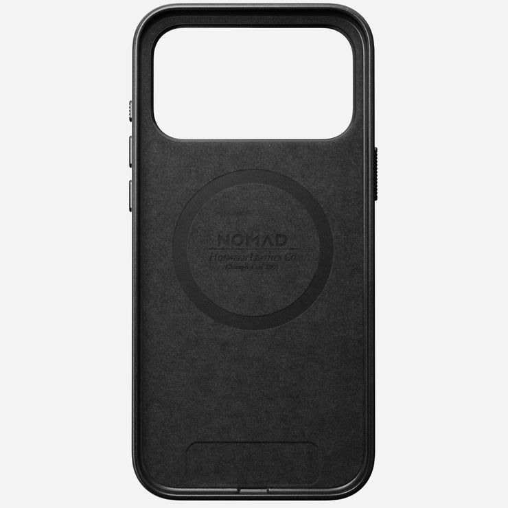The Nomad Traditional Leather Case for iPhone 17 Pro Max in black features Horween leather, MagSafe compatibility with a circular charging area, a large top camera cutout, left-side button cutouts, and discreet Nomad branding.
