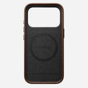 The Nomad Traditional Leather Case for iPhone 17 Pro in brown features sustainable leather, a circular MagSafe symbol, and NOMAD branding on the back, displayed against a plain white background.