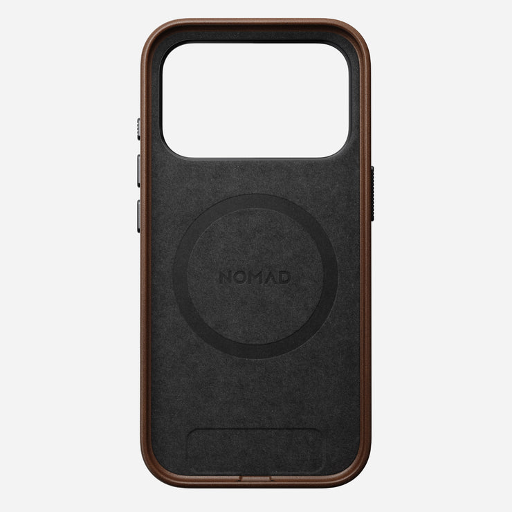 The Nomad Traditional Leather Case for iPhone 17 Pro in brown features sustainable leather, a circular MagSafe symbol, and NOMAD branding on the back, displayed against a plain white background.