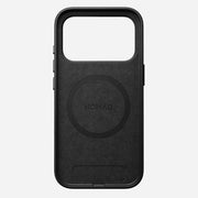The Nomad Traditional Leather Case for iPhone 17 Pro in black features MagSafe compatibility, a large rectangular top opening, precise side button cutouts, and a circular MagSafe ring with "NOMAD" at the center on the back.