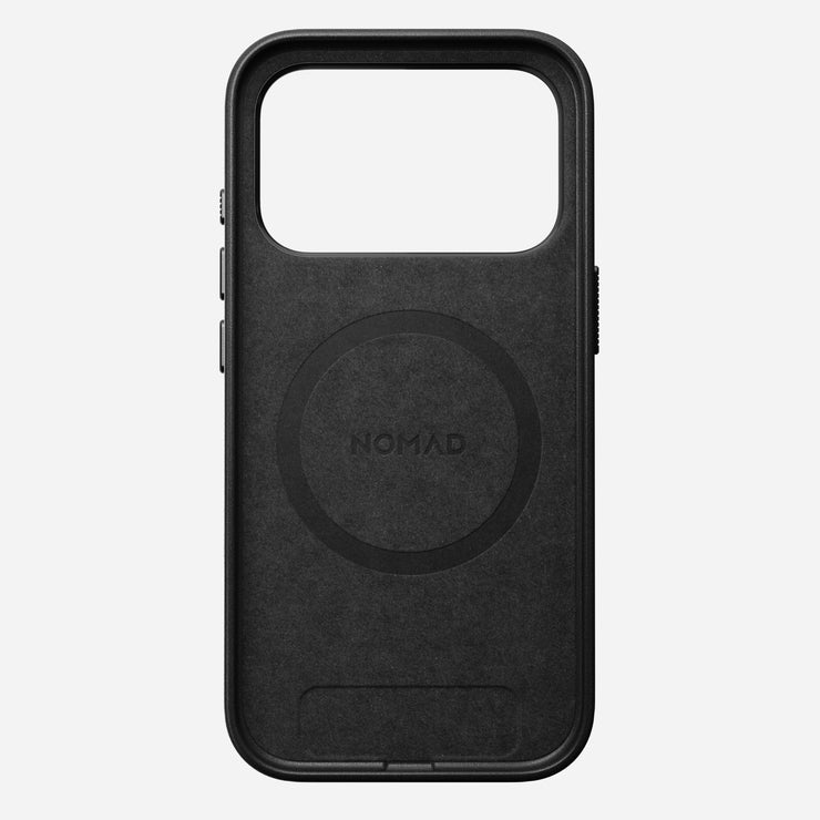 The Nomad Traditional Leather Case for iPhone 17 Pro in black features MagSafe compatibility, a large rectangular top opening, precise side button cutouts, and a circular MagSafe ring with "NOMAD" at the center on the back.