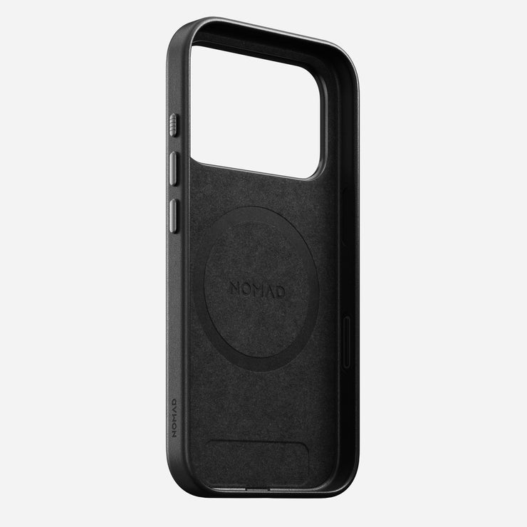 The Nomad Traditional Leather Case for iPhone 17 Pro in black features sustainably sourced full-grain leather, MagSafe compatibility, side button cutouts, and a large camera opening, shown against a plain white background.