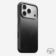 The Nomad Traditional Leather Case for iPhone 17 Pro in black Horween leather features MagSafe compatibility, precise triple camera and side button cutouts, and a small Horween logo at the bottom right—all on a plain white background.
