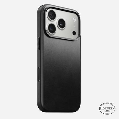 The Nomad Traditional Leather Case for iPhone 17 Pro in black Horween leather features MagSafe compatibility, precise triple camera and side button cutouts, and a small Horween logo at the bottom right—all on a plain white background.