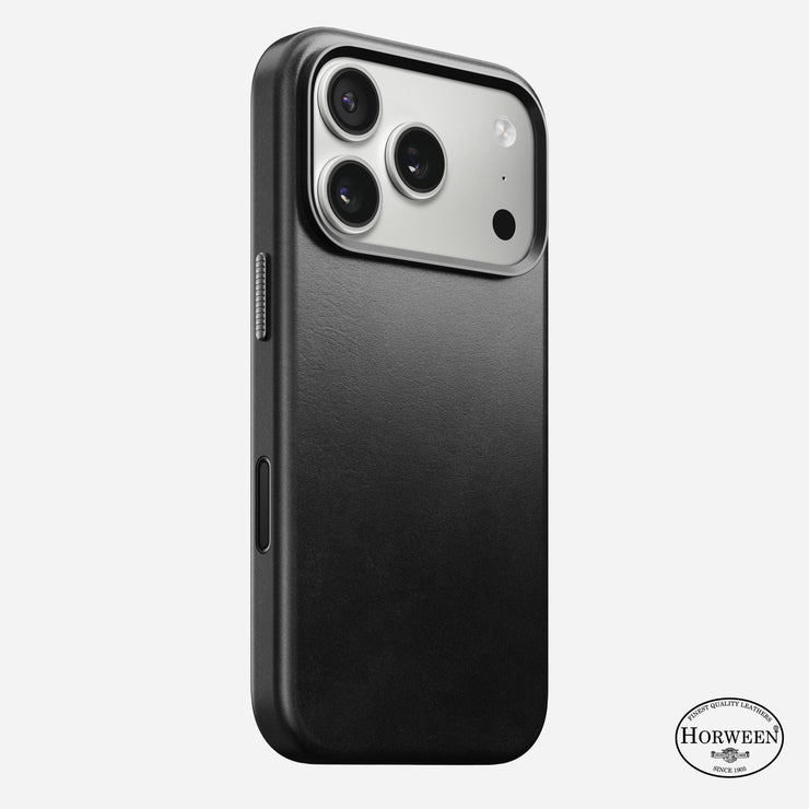 The Nomad Traditional Leather Case for iPhone 17 Pro in black Horween leather features MagSafe compatibility, precise triple camera and side button cutouts, and a small Horween logo at the bottom right—all on a plain white background.