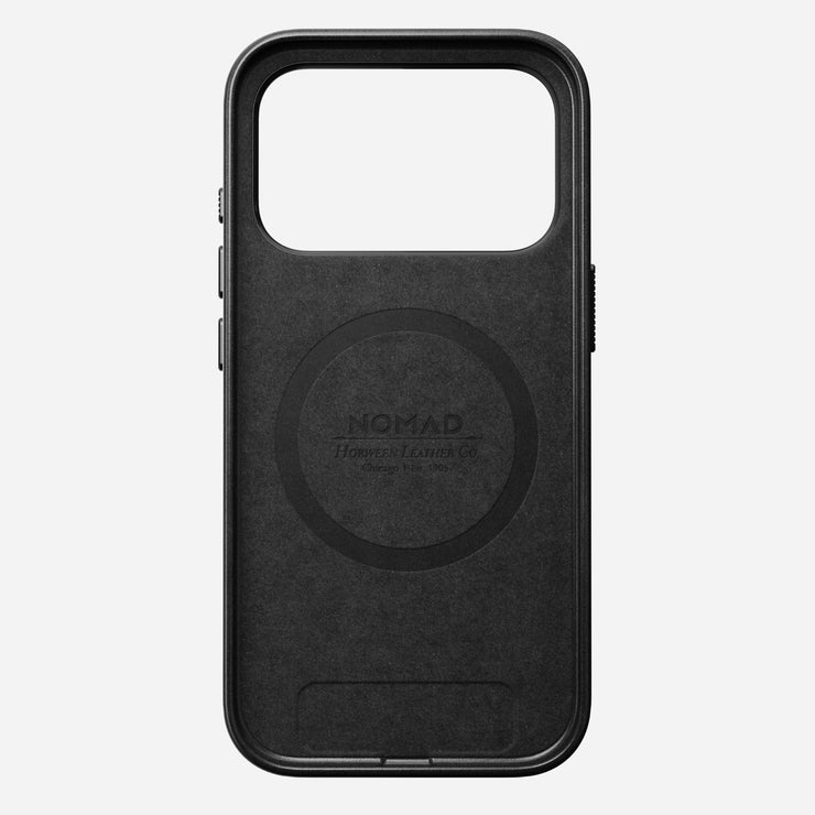 The Nomad Traditional Leather Case for iPhone 17 Pro in black is crafted from premium Horween leather, featuring a large camera cutout, MagSafe-compatible ring, and “Horween Leather Co.” branding embossed on the back.