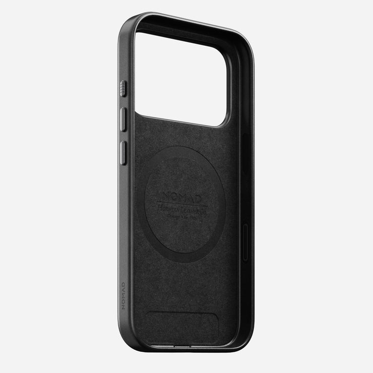 The Nomad Traditional Leather Case for iPhone 17 Pro in black features Horween leather embossed at the center, a raised edge, MagSafe compatibility, an open camera back, and displays the Nomad logo.