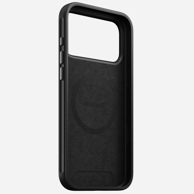 The Nomad Modern Case for iPhone 17 Pro Max in Vulcan Black features 8ft drop protection, a MagSafe-compatible circular interior, durable TPU bumper, and precise cutouts. Shown upright on a light gray background.