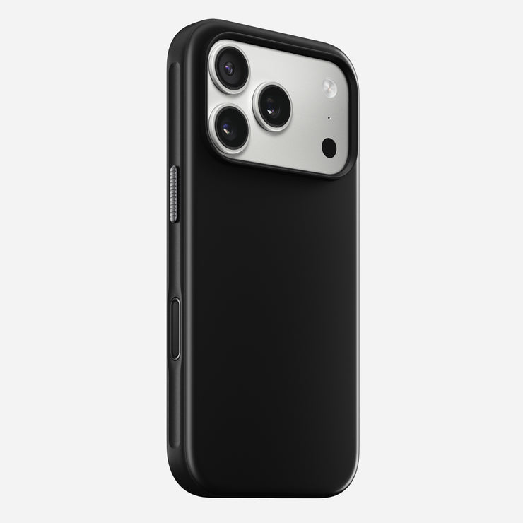 The Nomad Modern Case in Vulcan Black for iPhone 17 Pro features a TPU bumper and cutouts for a triple-lens camera and flash, displayed on the phone against a plain white background.
