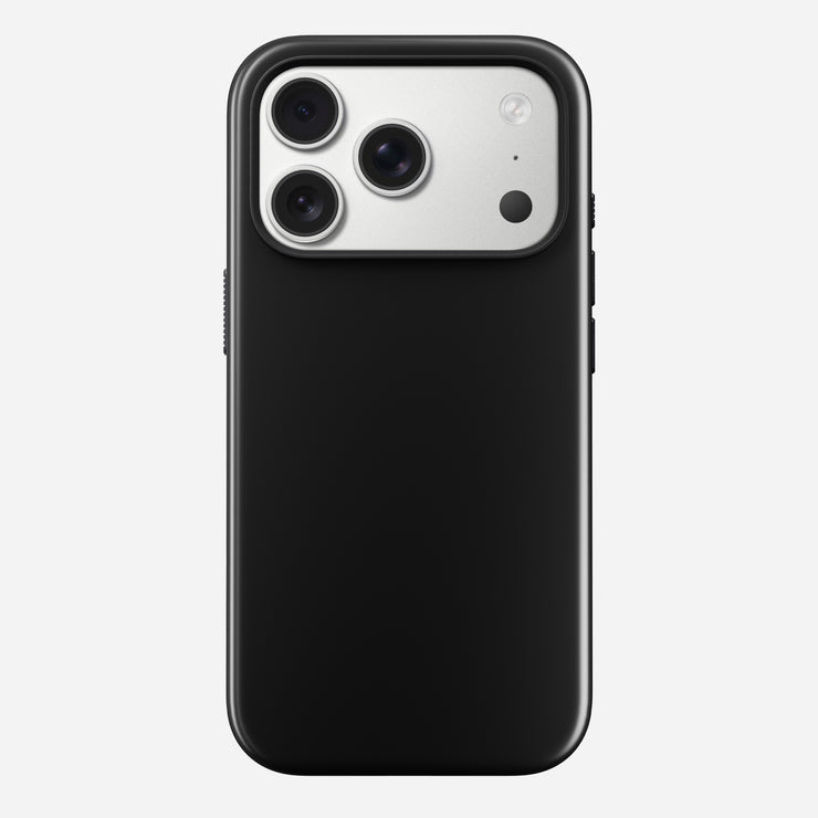 The Nomad Modern Case - iPhone 17 Pro in Vulcan Black, displayed from the back with a metallic triple-lens camera and flash on a white background, offers MagSafe compatibility for effortless accessory attachment.